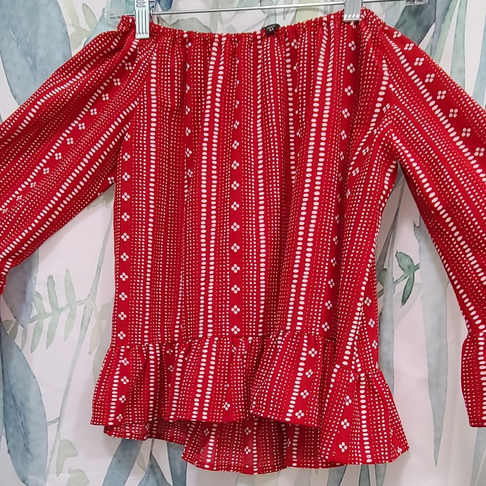 Off the shoulder red and white blouse